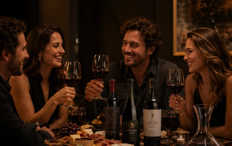Amigos confraternizando com vinhos